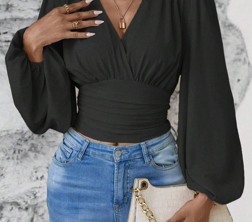 Smocked Surplice Balloon Sleeve Top