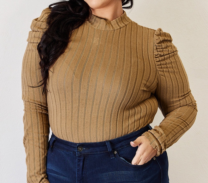 Basic Bae Full Size Ribbed Mock Neck Puff Sleeve T-Shirt