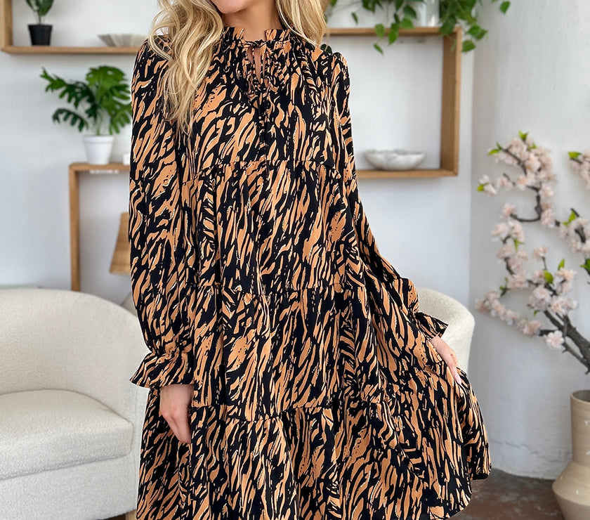 Double Take Full Size Printed Ruffle Hem Long Sleeve Dress