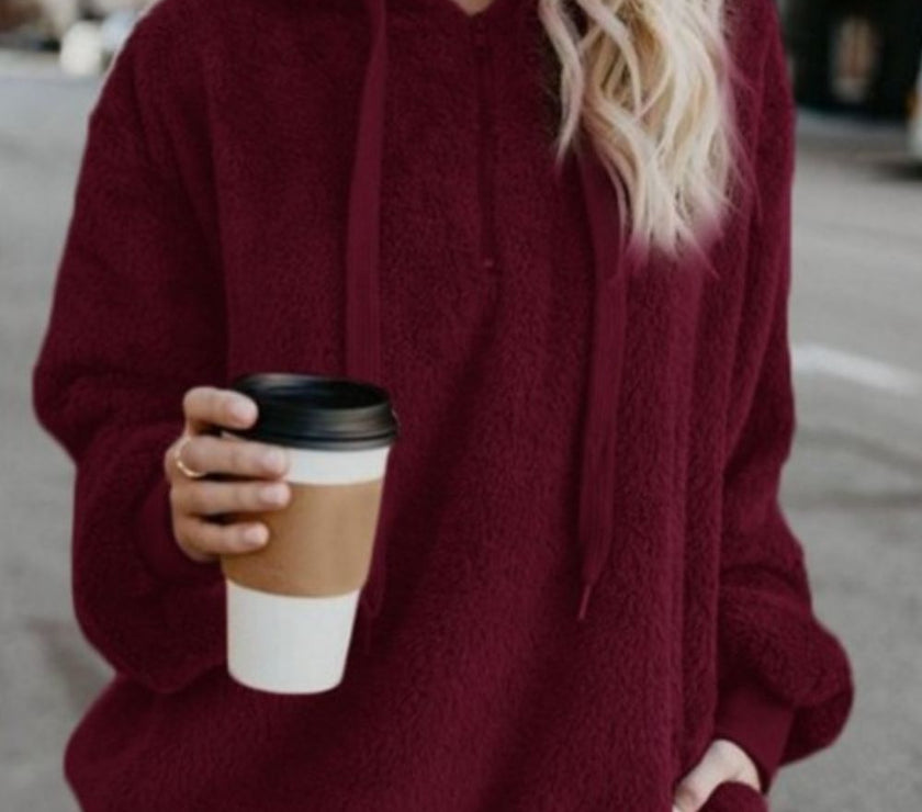 Full Size Quarter-Zip Drawstring Teddy Hoodie