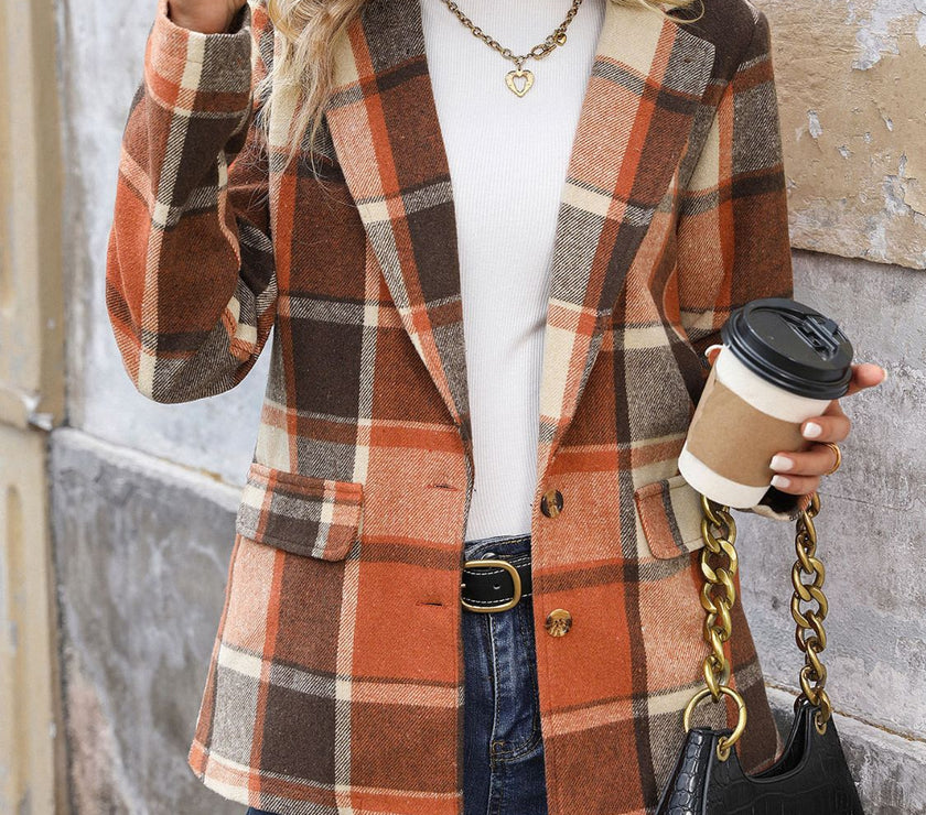 Perfee Plaid Button Down Lapel Collar Blazer
