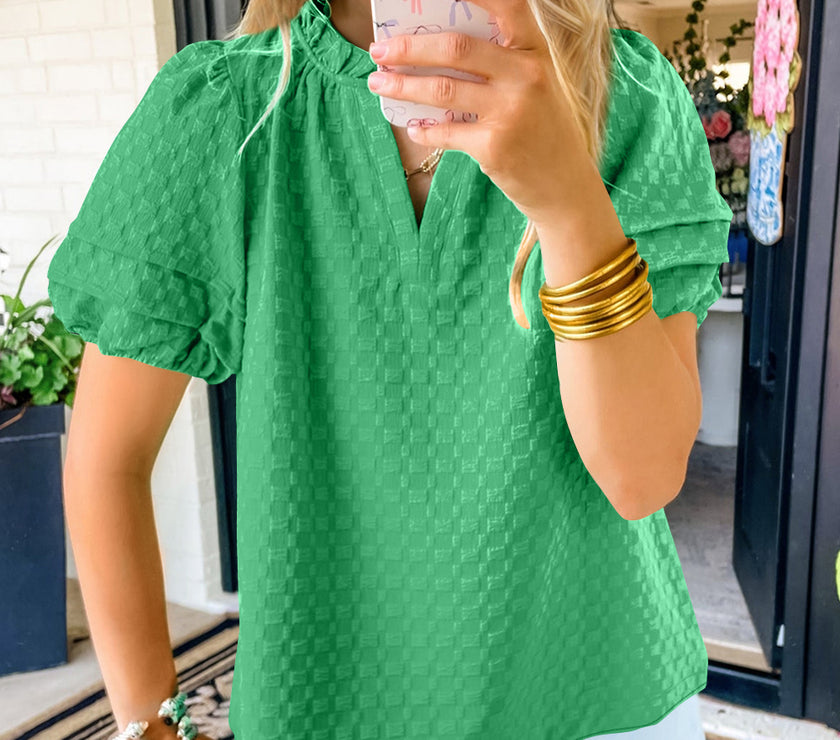 Oh Full Size Frill Notched Puff Sleeve Blouse