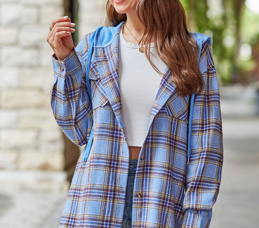 Mandy Plaid Long Sleeve Hooded Jacket