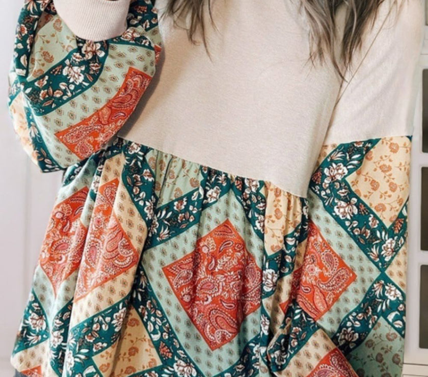 Printed Round Neck Long Sleeve Blouse