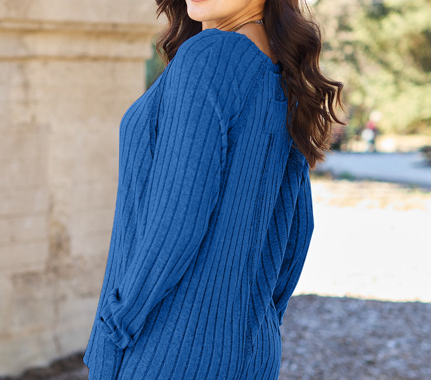 Basic Bae Full Size Ribbed Round Neck Long Sleeve Knit Top