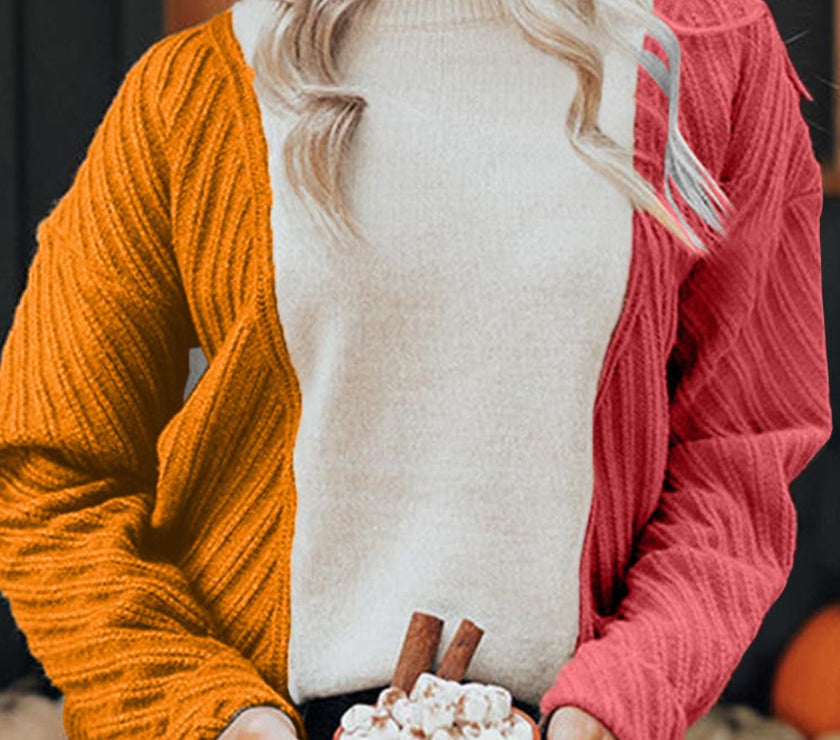 Color Block Textured Drop Shoulder Sweater