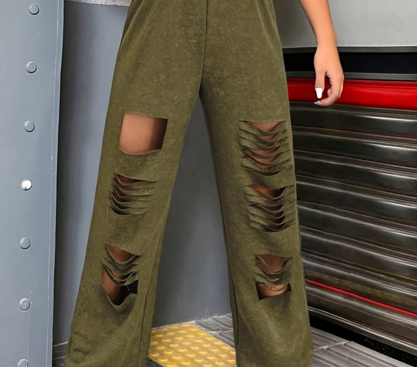 Distressed Elastic Waist Straight Leg Pants