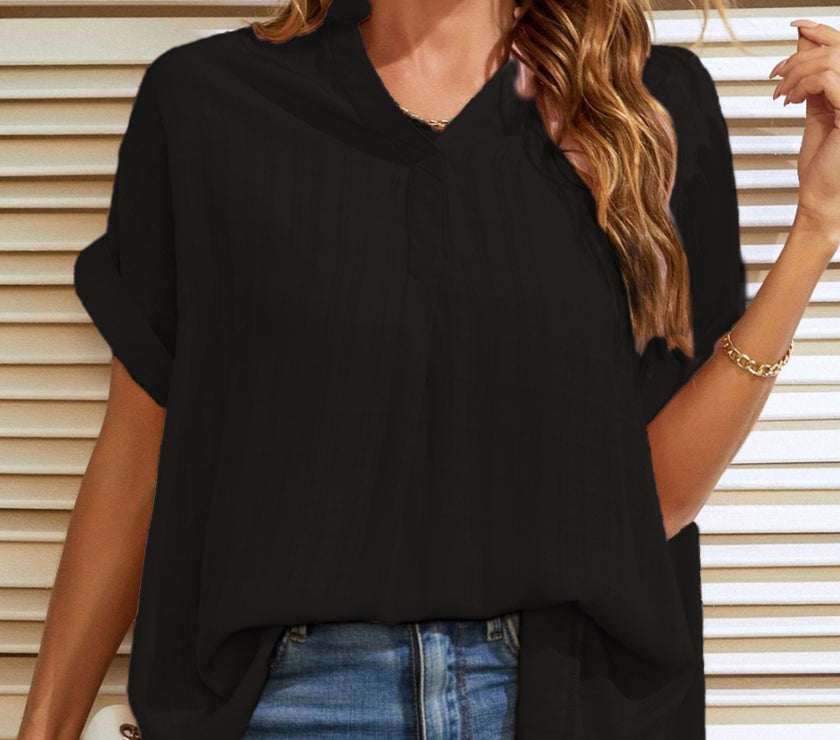 Mandy Side Slit Notched Short Sleeve Blouse