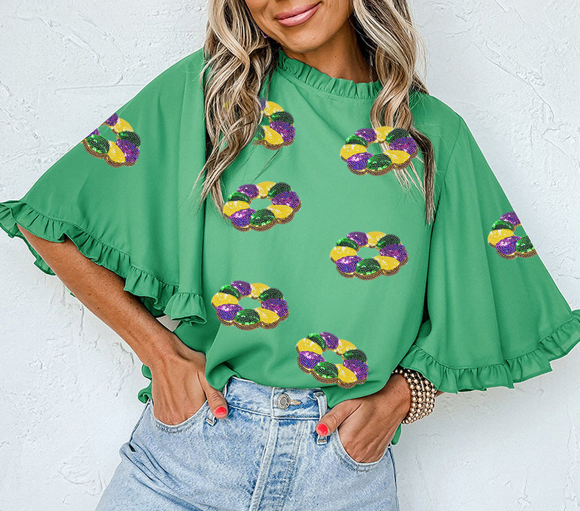 Green Sequin Doughnut Graphic Ruffled Trim Bell Sleeve Mardi Gras Blouse