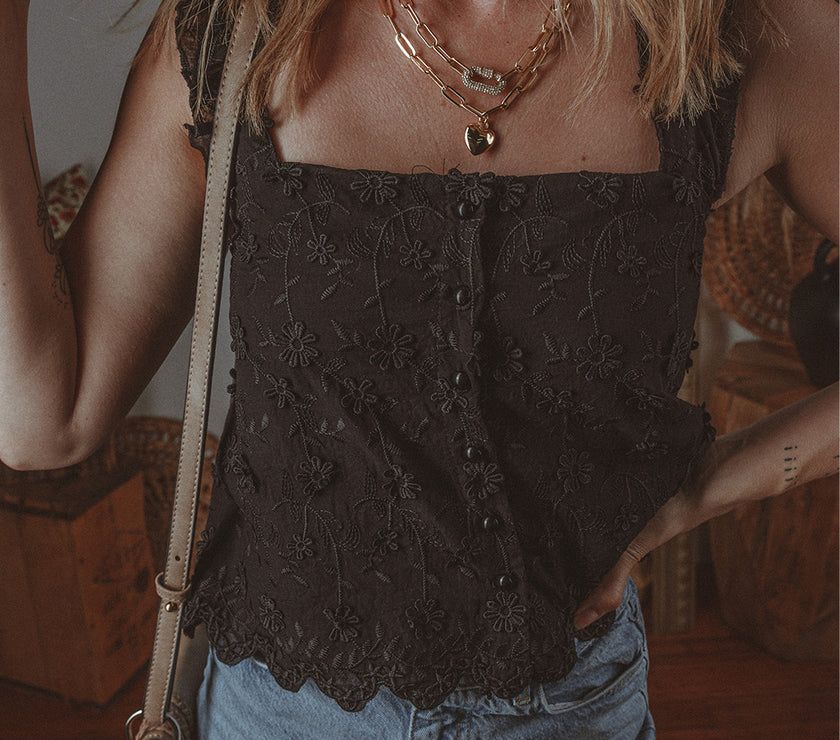Embroidered Square Neck Wide Strap Tank