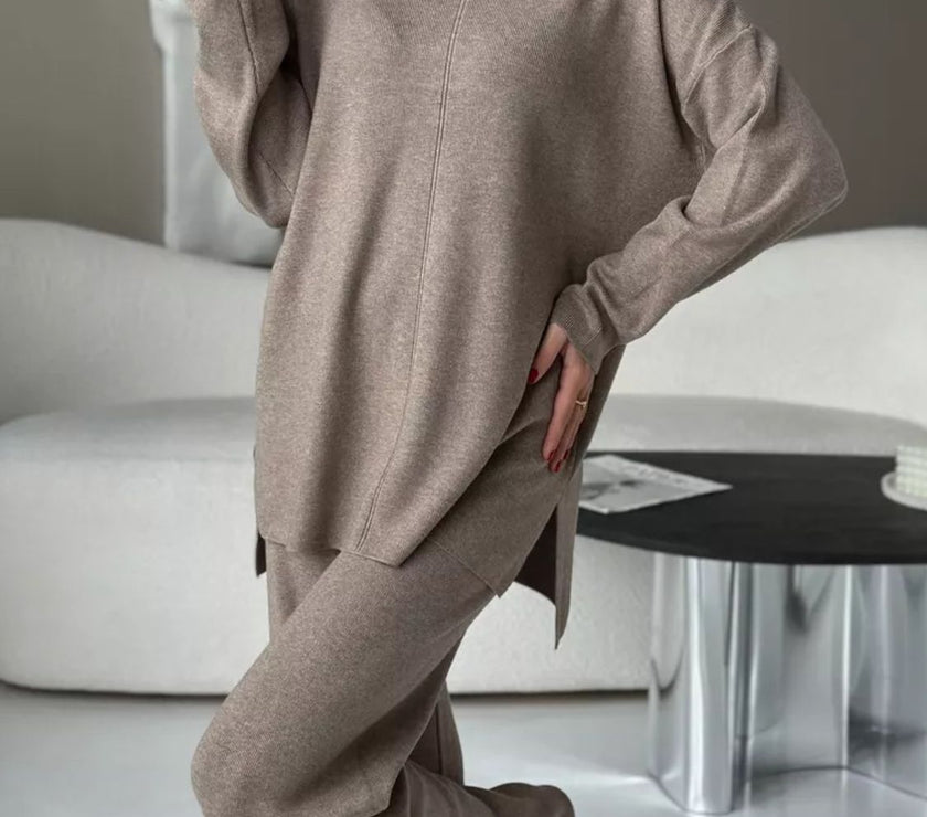 Slit Mock Neck Top and Pants Sweater Set