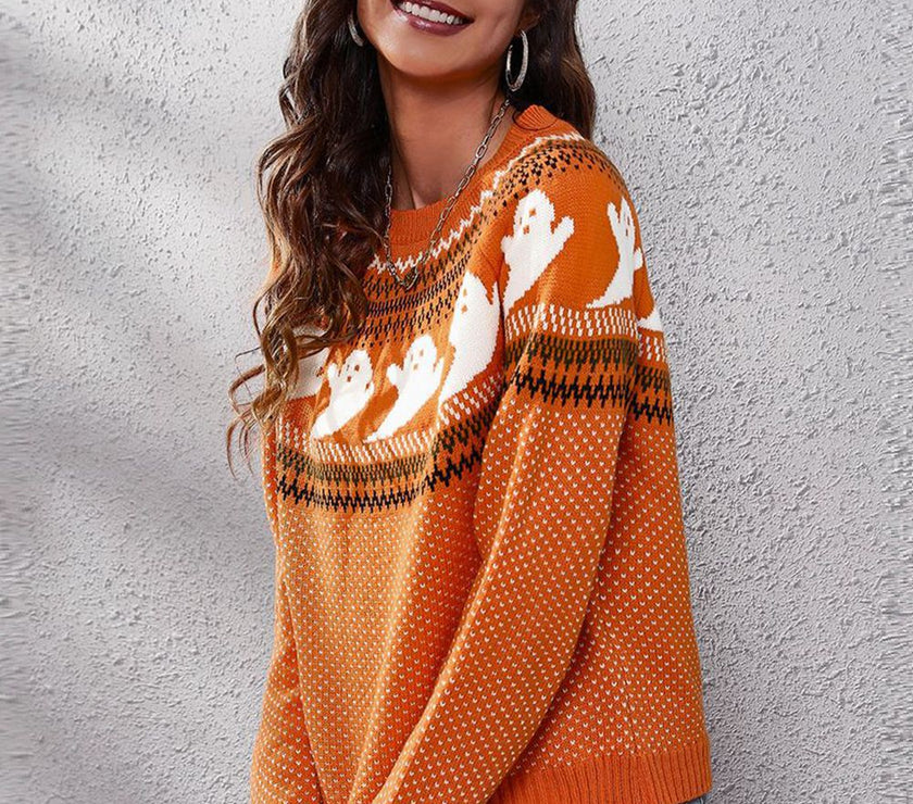 Ghost Pattern Round Neck Long Sleeve Sweater