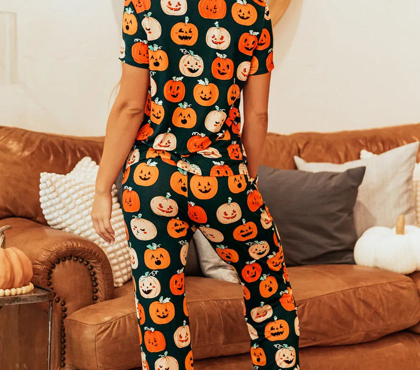 Pumpkin Printed Short Sleeve Top and Pants Lounge Set