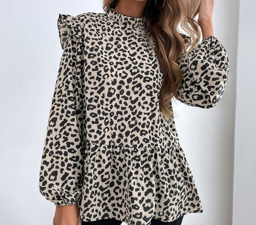 Ruffled Leopard Mock Neck Long Sleeve Blouse