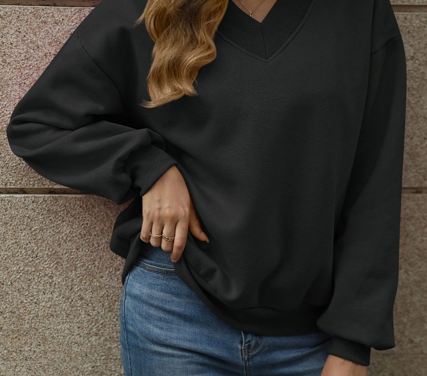 V-Neck Long Sleeve Dropped Shoulder Sweatshirt