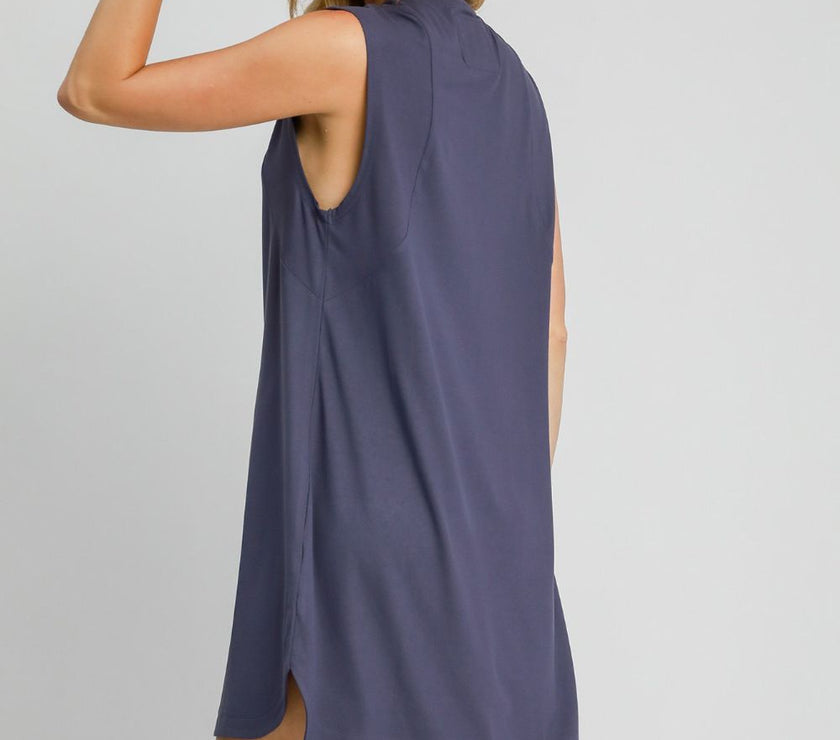 Umgee Round Neck Sleeveless High-Low Curved Hemline Mini Dress