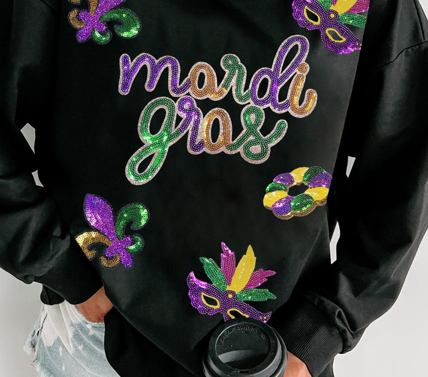 MARDI GRAS Sequin Round Neck Sweatshirt