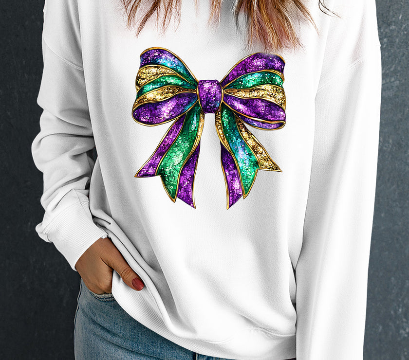 White Mardi Gras Bow Graphic Drop Shoulder Sweatshirt