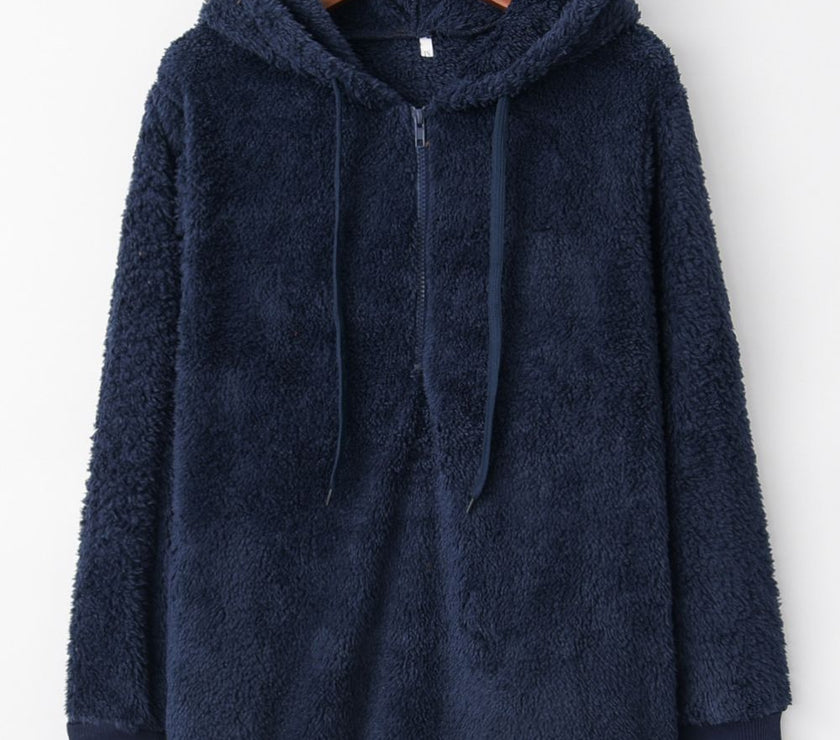 Full Size Quarter-Zip Drawstring Teddy Hoodie