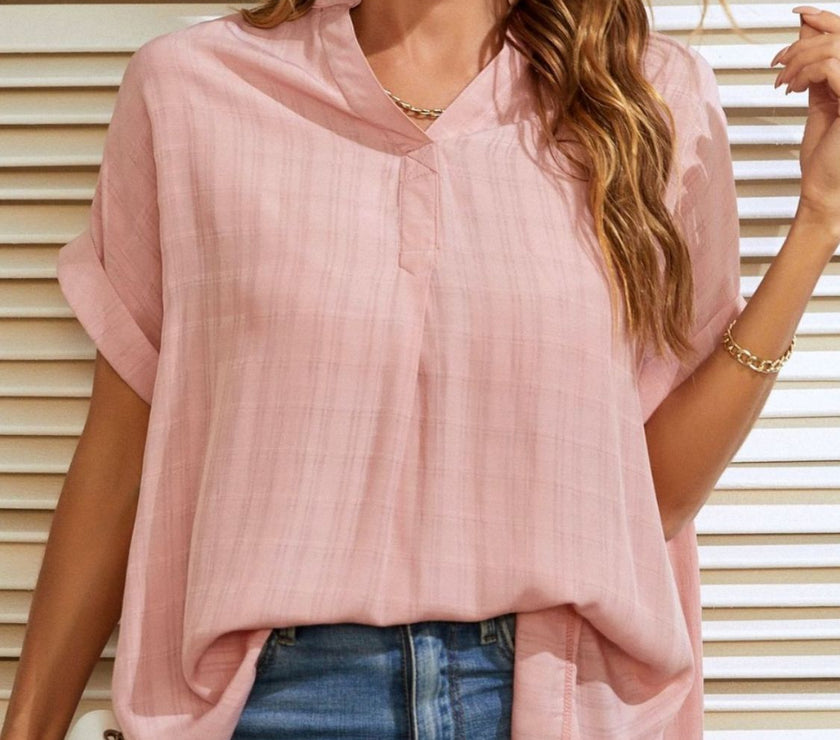 Mandy Side Slit Notched Short Sleeve Blouse