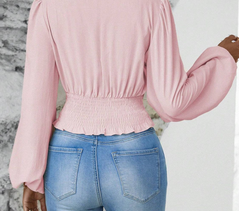 Smocked Surplice Balloon Sleeve Top
