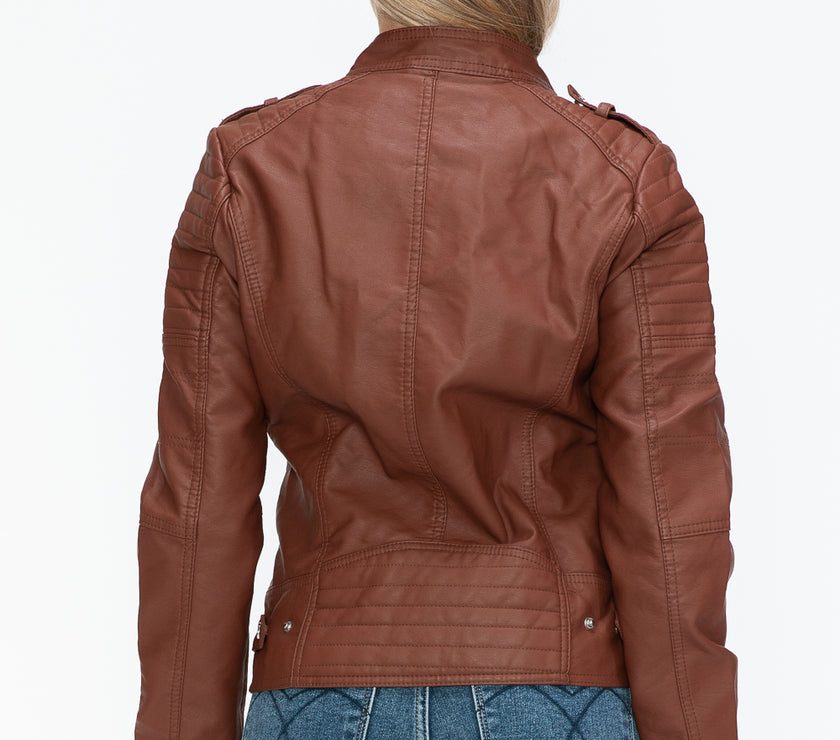 Snobbish PU Leather Biker Jacket with Side Zip Pockets