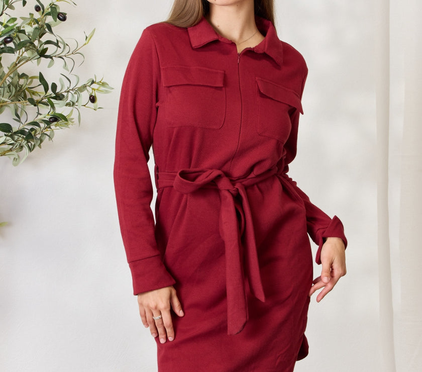 Culture Code Full Size Tie Front Half Zip Long Sleeve Shirt Dress