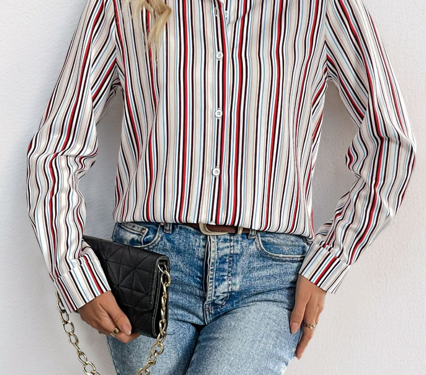 Perfee Contrast Striped Collared Neck Long Sleeve Shirt