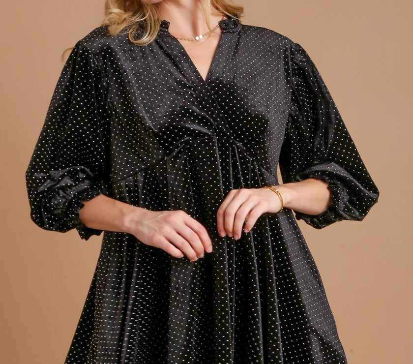 Umgee Full Size Beaded Frill Flounce Sleeve Velvet Babydoll Blouse