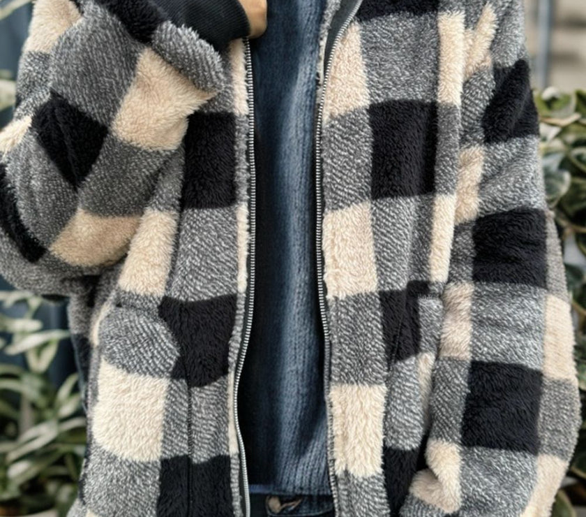 Double Take Full Size Plaid Long Sleeve Hooded Coat