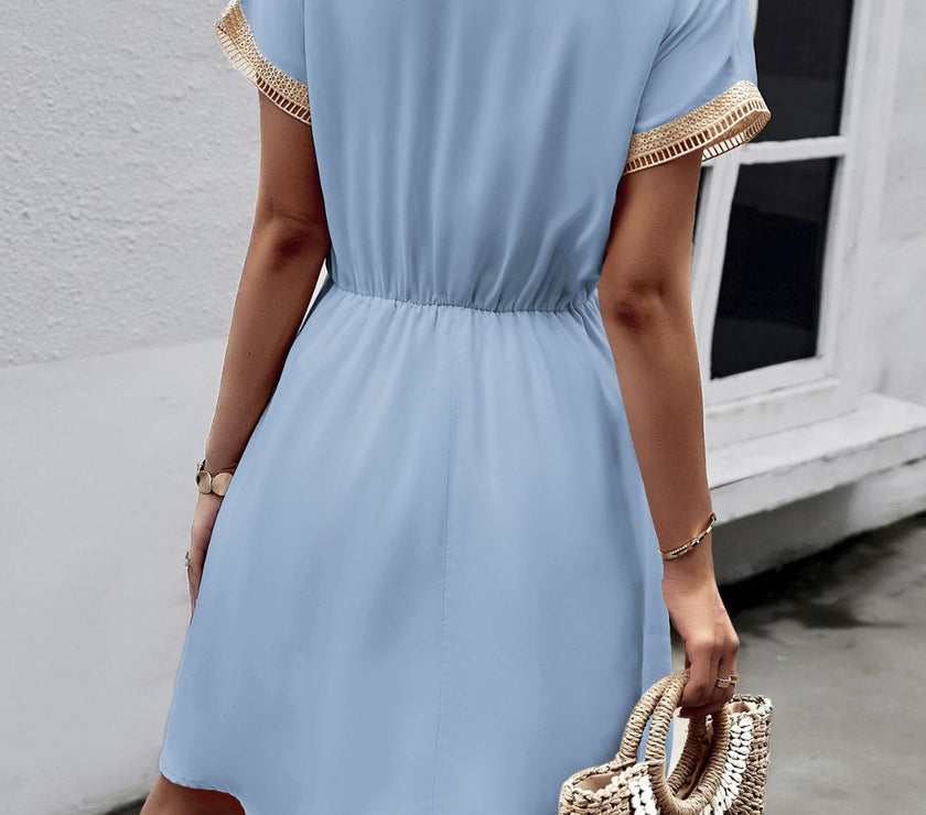 Devine Contrast Trim V-Neck Short Sleeve Mini Dress