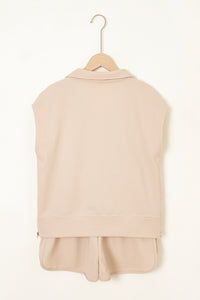 Parchment Textured Half Zip Kangaroo Pocket Top Drawstring Shorts Set