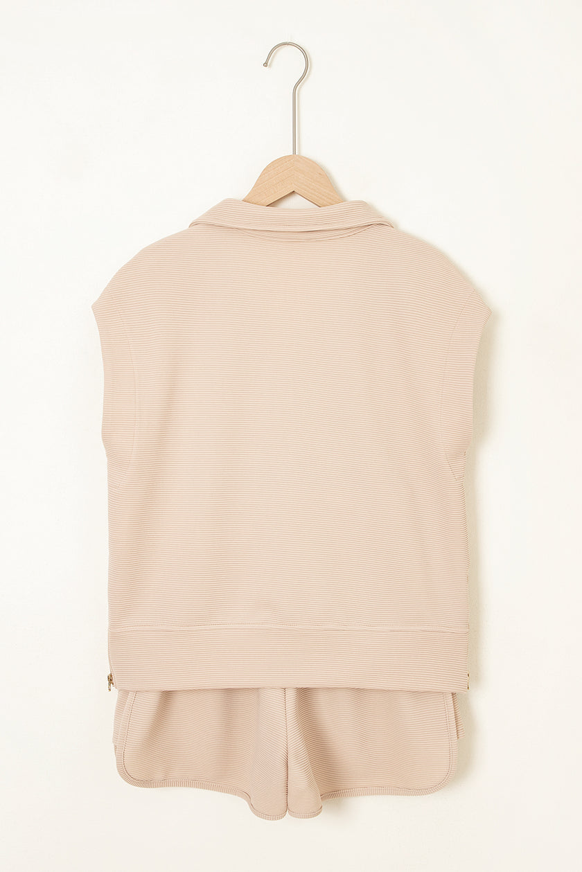 Parchment Textured Half Zip Kangaroo Pocket Top Drawstring Shorts Set