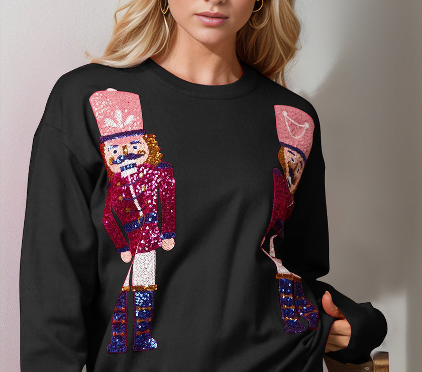 Double Take Full Size Nutcracker Sequin Long Sleeve Sweater