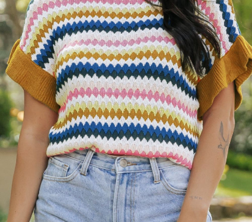 Contrast Round Neck Short Sleeve Sweater