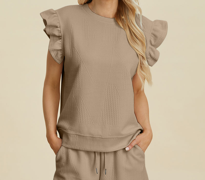 Double Take Full Size Texture Round Neck Ruffle Sleeve Top and Shorts Set