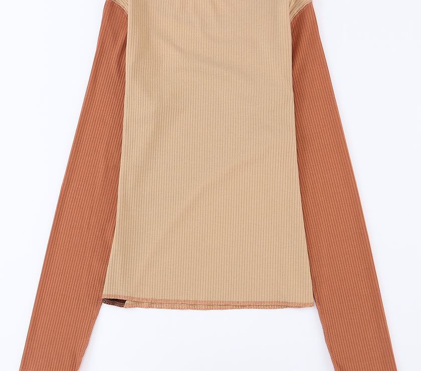 Exposed Seam Contrast Round Neck Long Sleeve T-Shirt