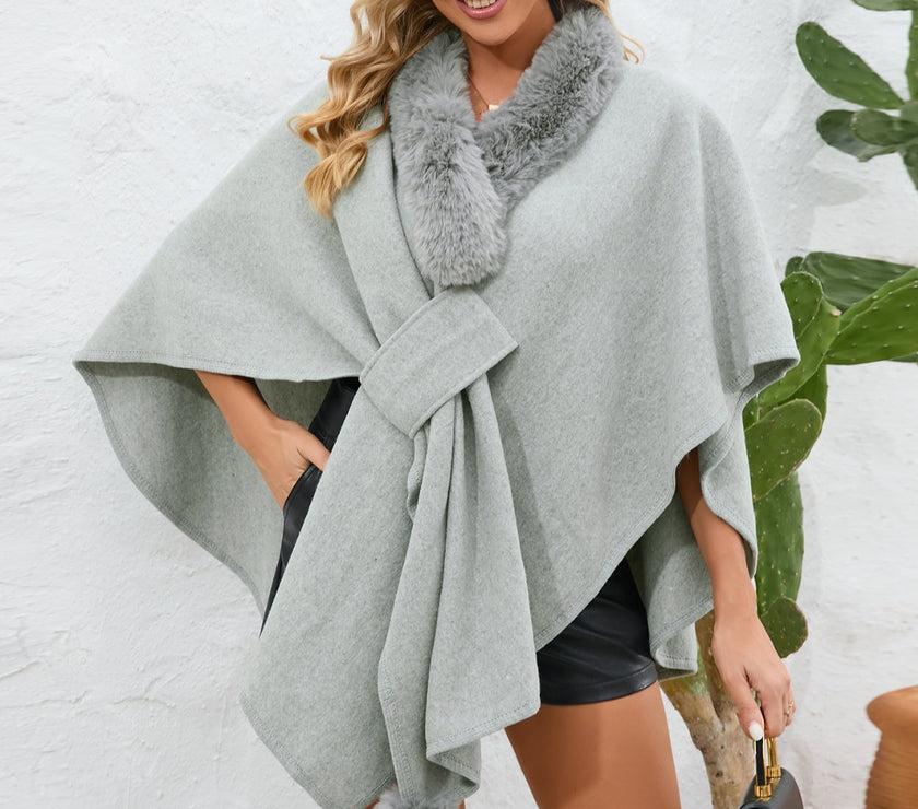 Fuzzy Trim Open Front Poncho