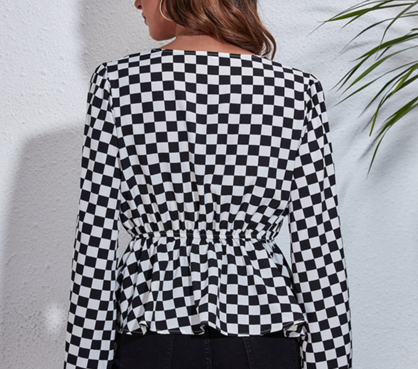 Ruched Printed V-Neck Long Sleeve Blouse