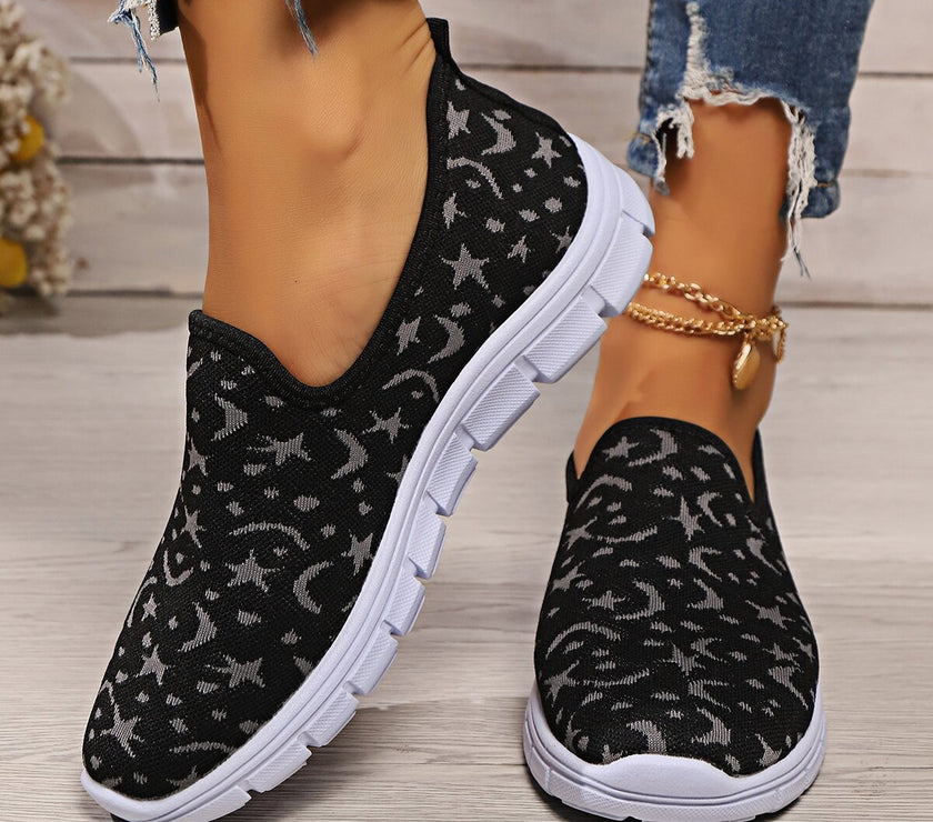 Star & Moon Pattern Flat Loafers