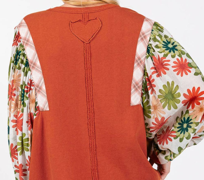 Printed Round Neck Balloon Sleeve Blouse