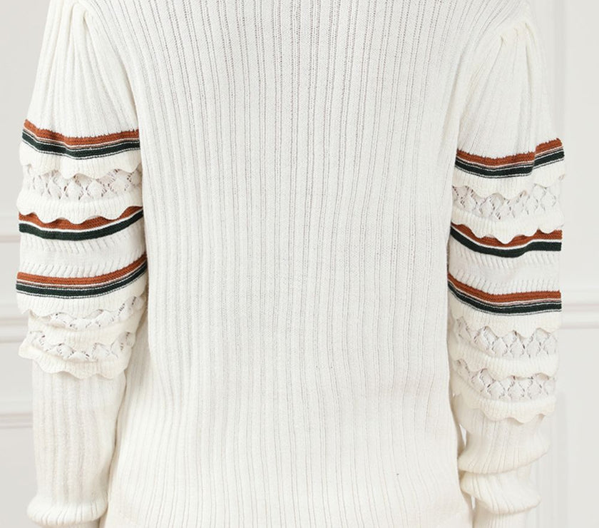 Striped Hollow Out Round Neck Long Sleeve Sweater