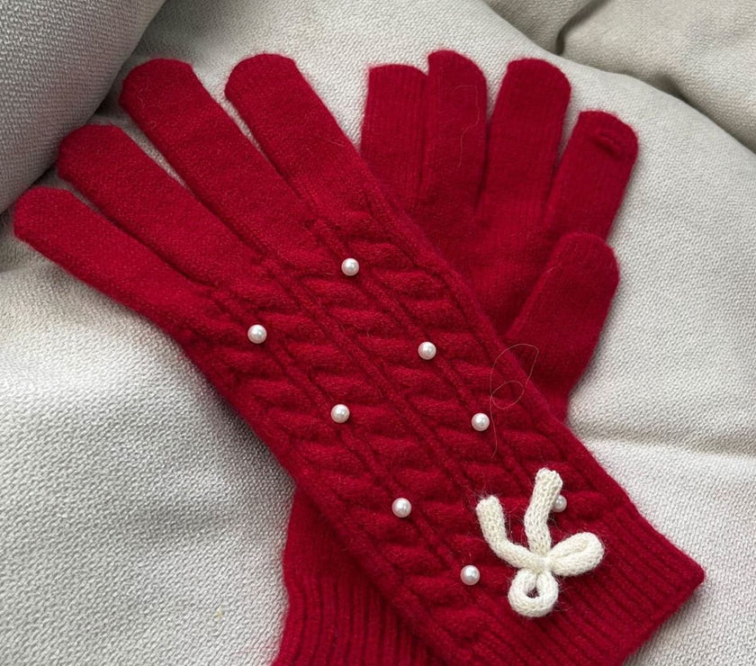 Thermal Pearl Detail Bow Five-Finger Gloves