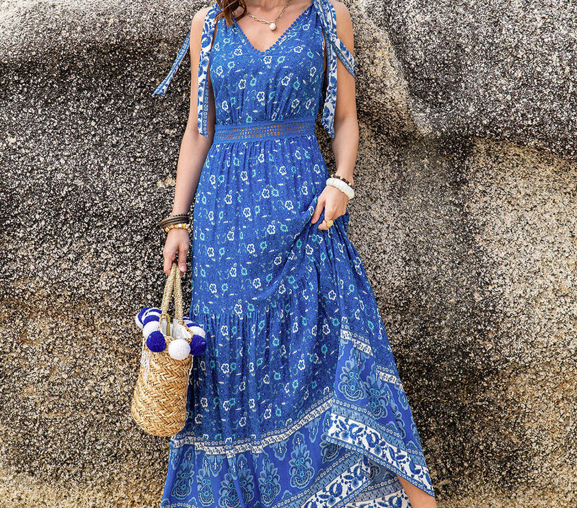 Printed V-Neck Tie Shoulder Dress