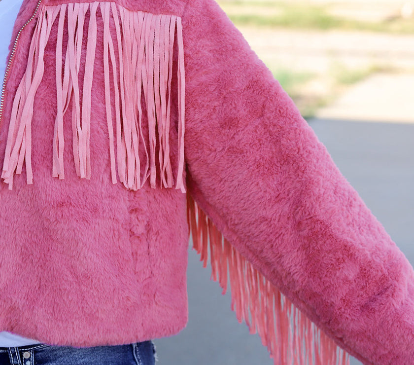 Fringed Zip Up Fleece Jacket