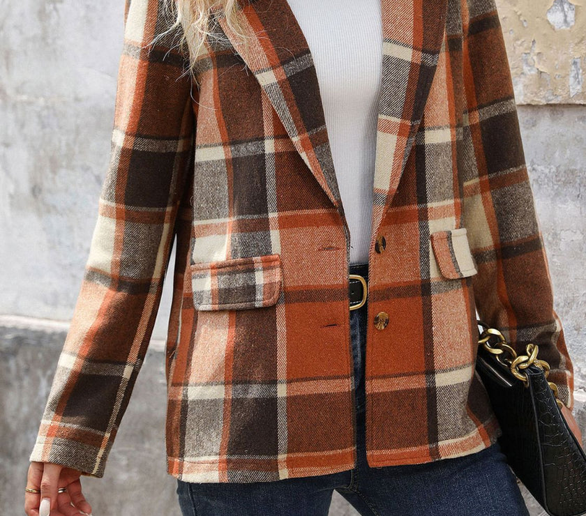 Perfee Plaid Button Down Lapel Collar Blazer