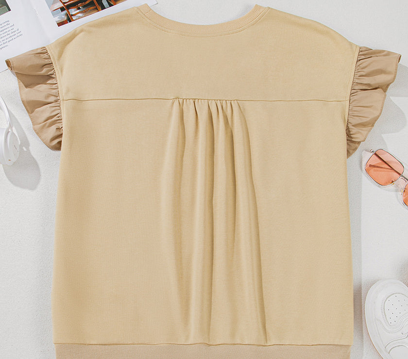Parchment Ruffled Short Sleeve Bowknot Applique Crew Neck Plus Size Top