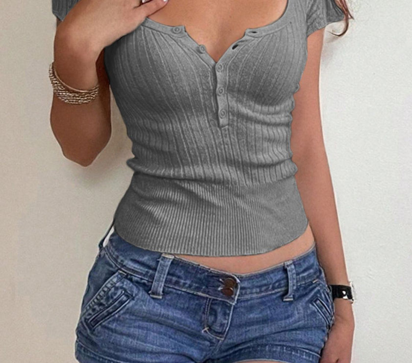 Half Button Scoop Neck Short Sleeve Knit Top