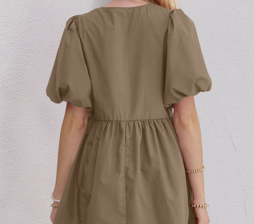 Oh Bow Ruched Puff Sleeve Mini Dress
