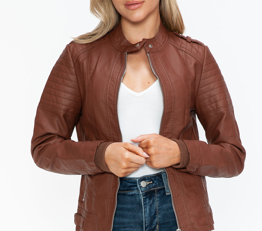 Snobbish PU Leather Biker Jacket with Side Zip Pockets